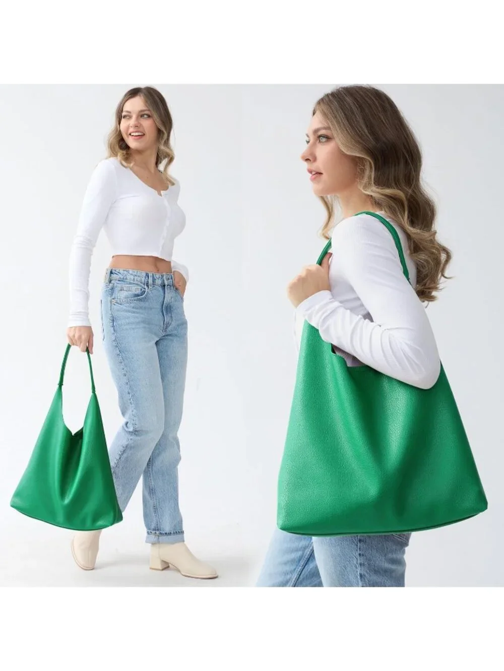 Women's Green Soft Vegan Leather Hobo Shoulder Bag Slouchy Tote Purse